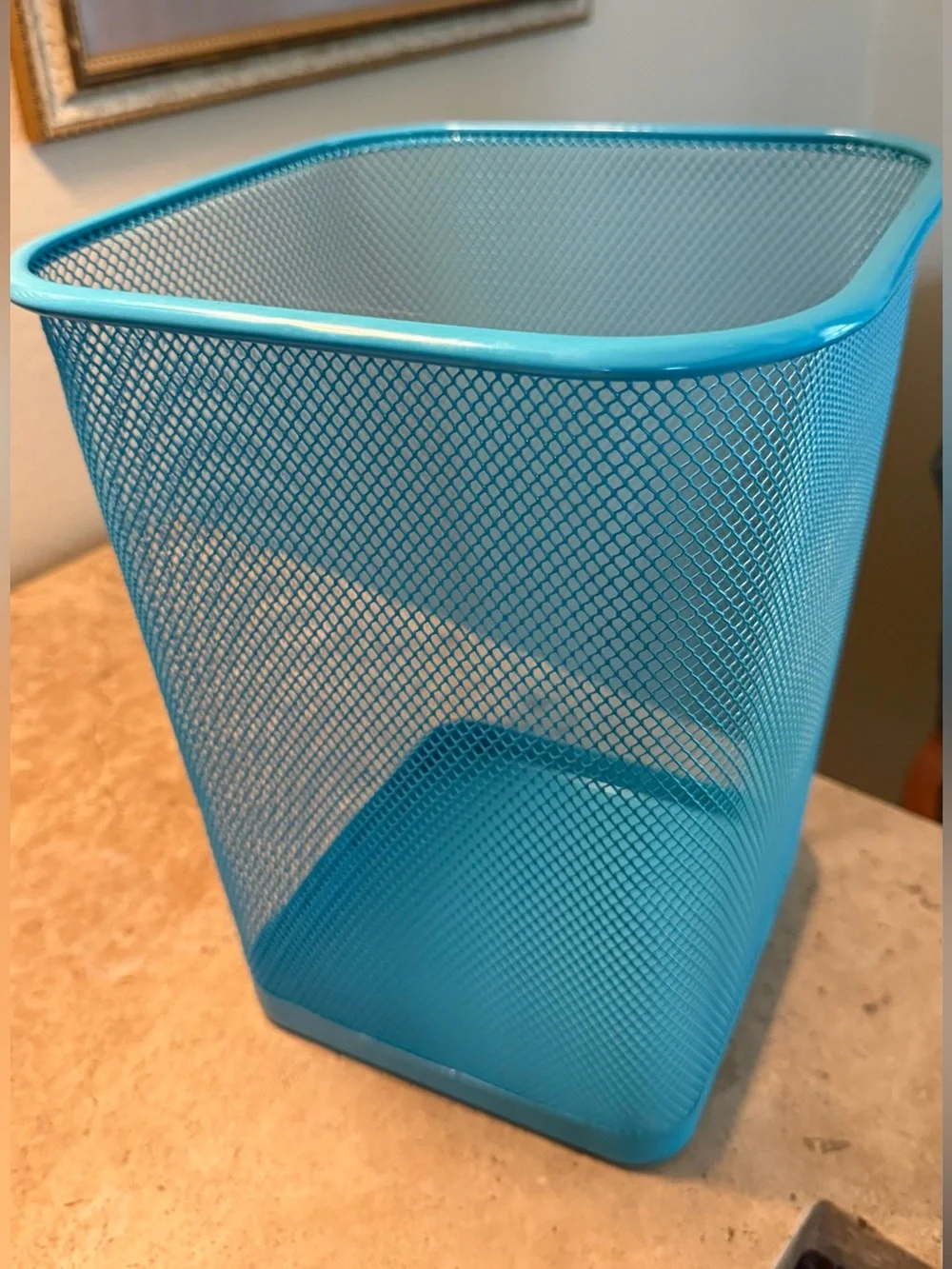 Bright Turquoise Blue Square Metal Mesh Trash Can Wastebasket